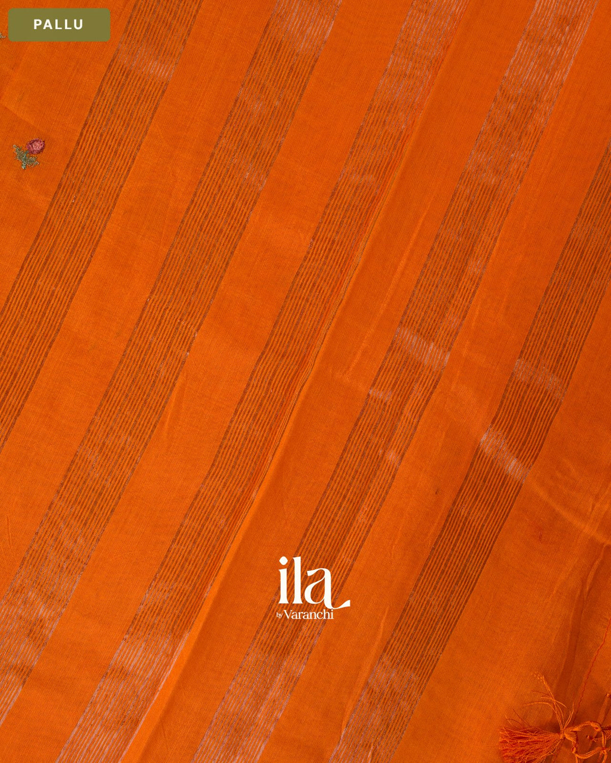 Orange Striped Floral Embroidered Assam Silk Saree — Pallu