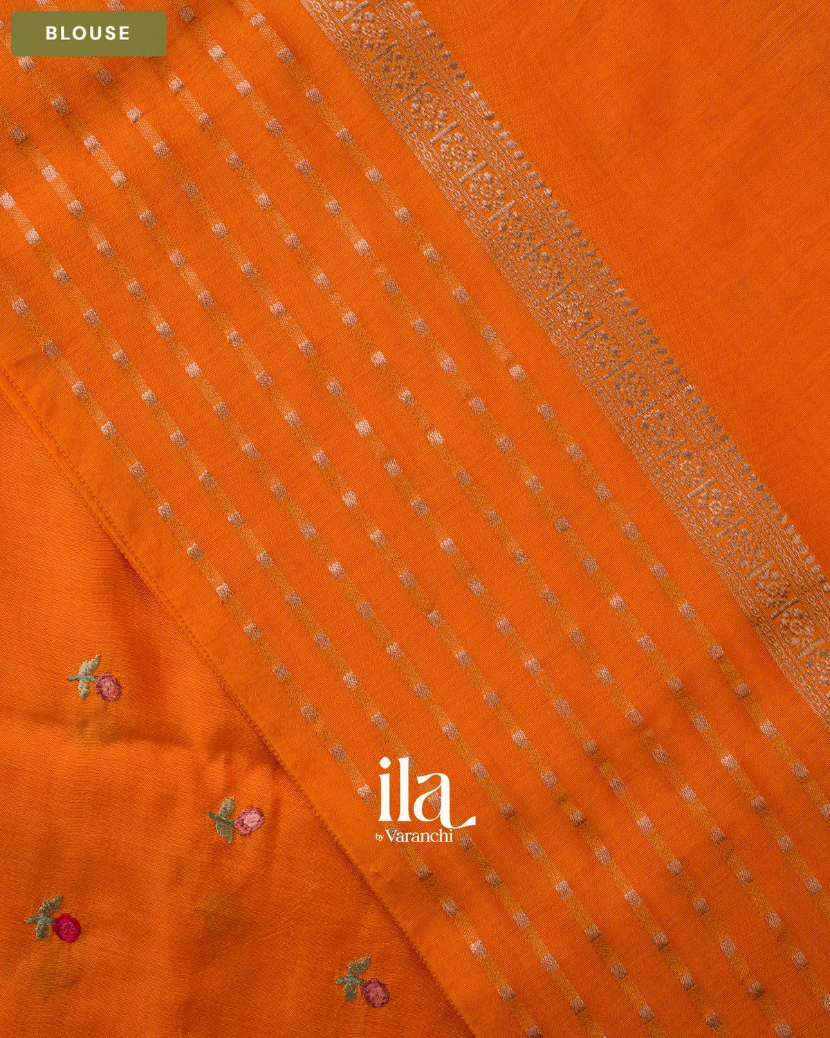 Orange Striped Floral Embroidered Assam Silk Saree — Blouse