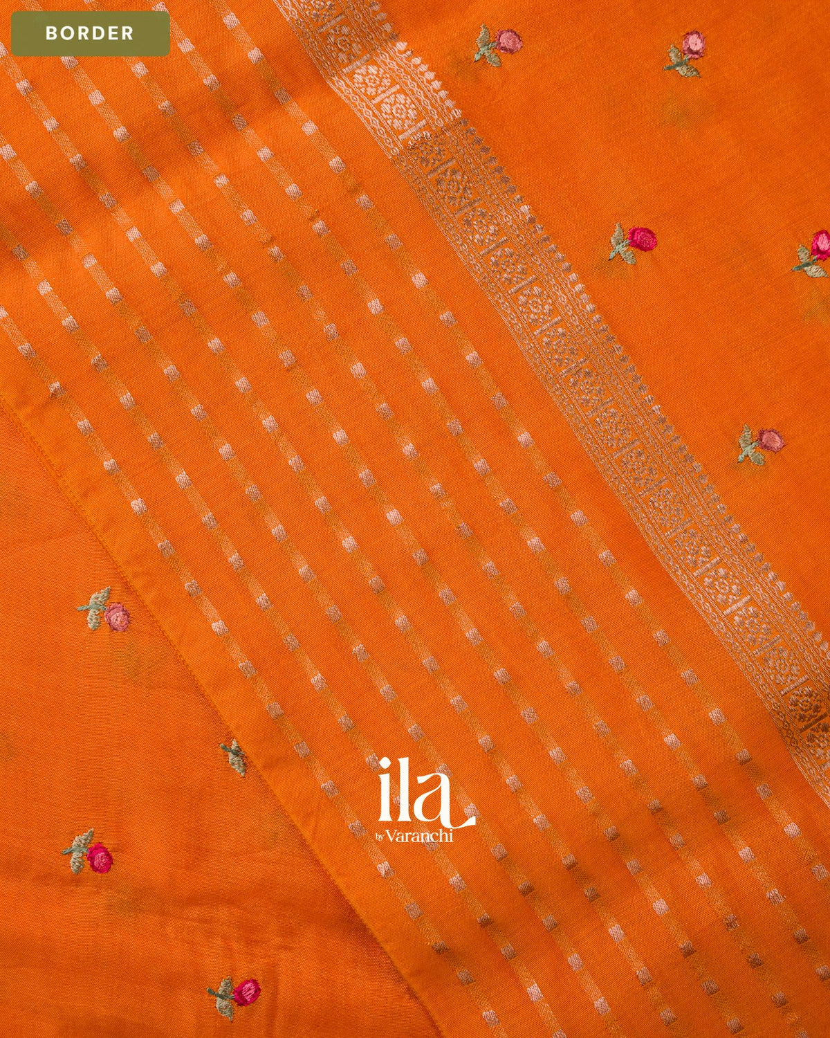 Orange Striped Floral Embroidered Assam Silk Saree — Border