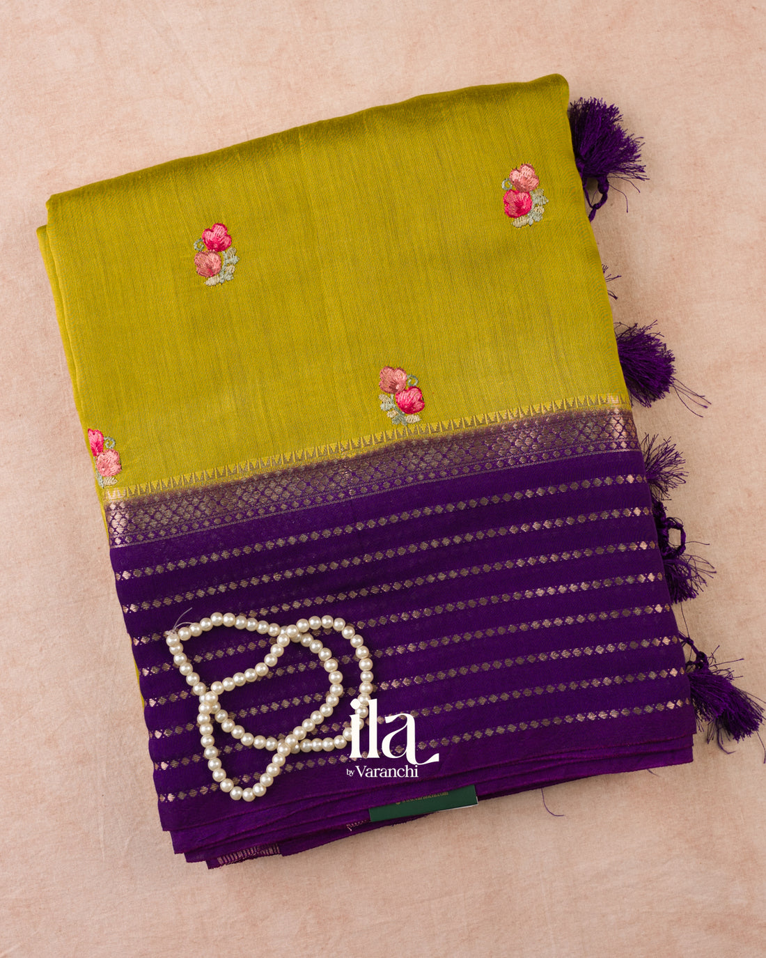 Olive Yellow Floral Embroidered Assam Silk Saree — Folded