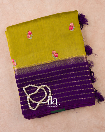 Olive Yellow Floral Embroidered Assam Silk Saree — Folded