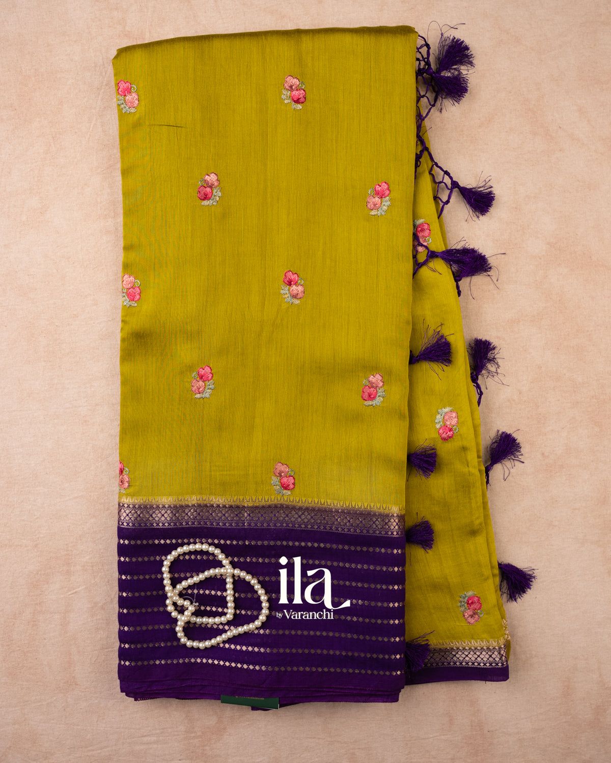 Olive Yellow Floral Embroidered Assam Silk Saree — Full Saree
