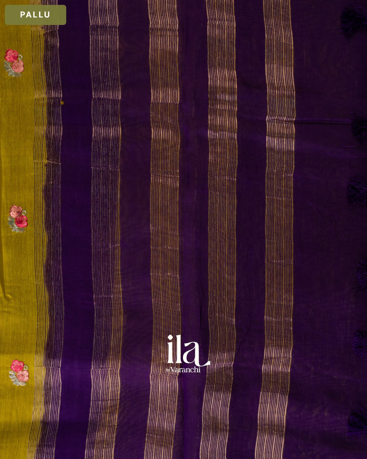 Olive Yellow Floral Embroidered Assam Silk Saree — Pallu