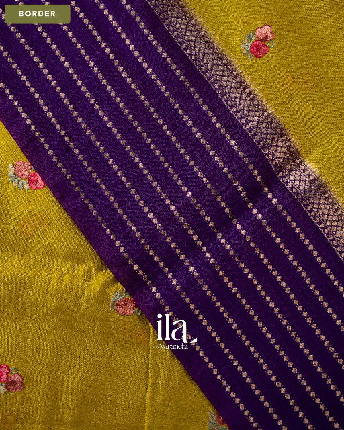 Olive Yellow Floral Embroidered Assam Silk Saree — Border