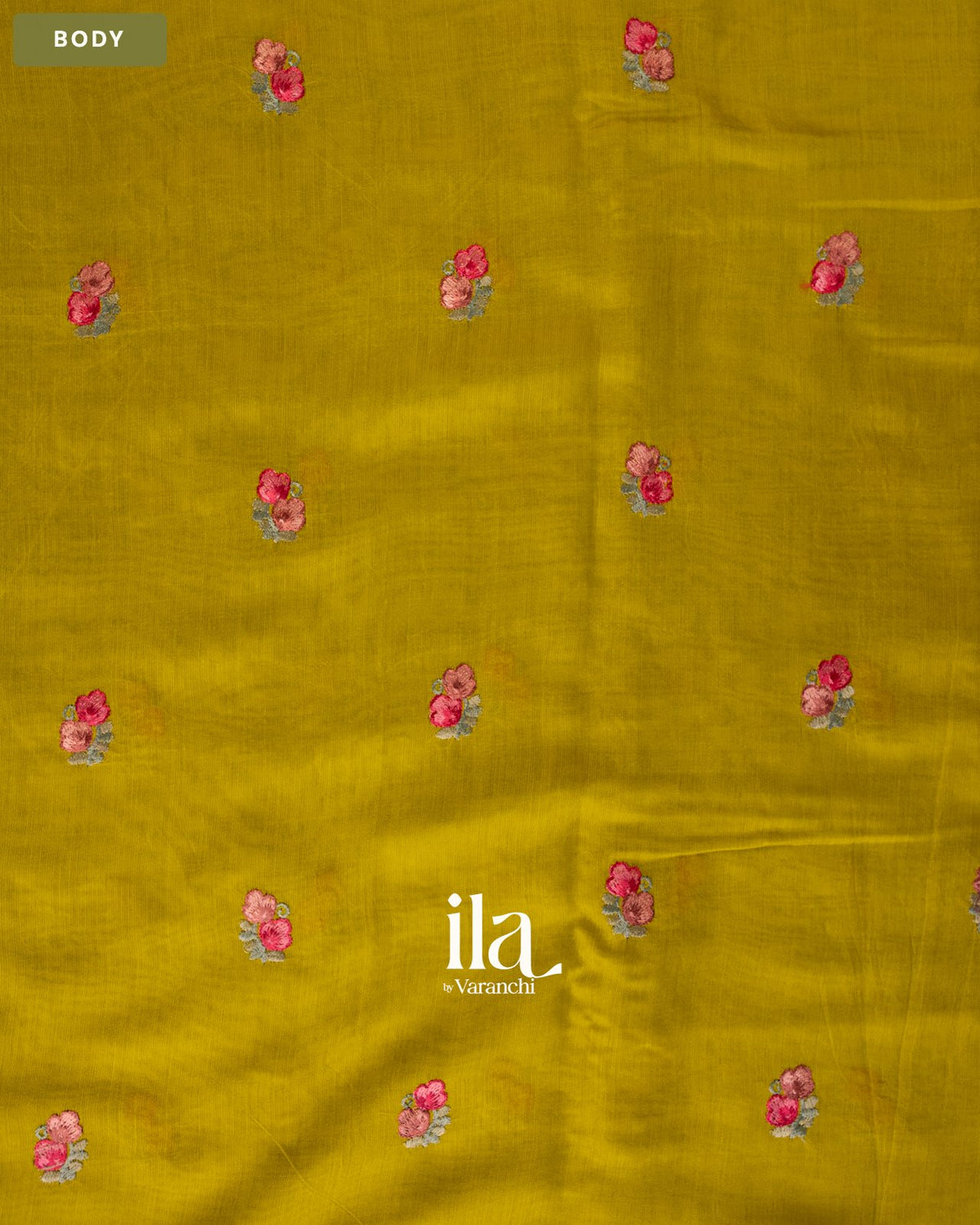 Olive Yellow Floral Embroidered Assam Silk Saree — Body