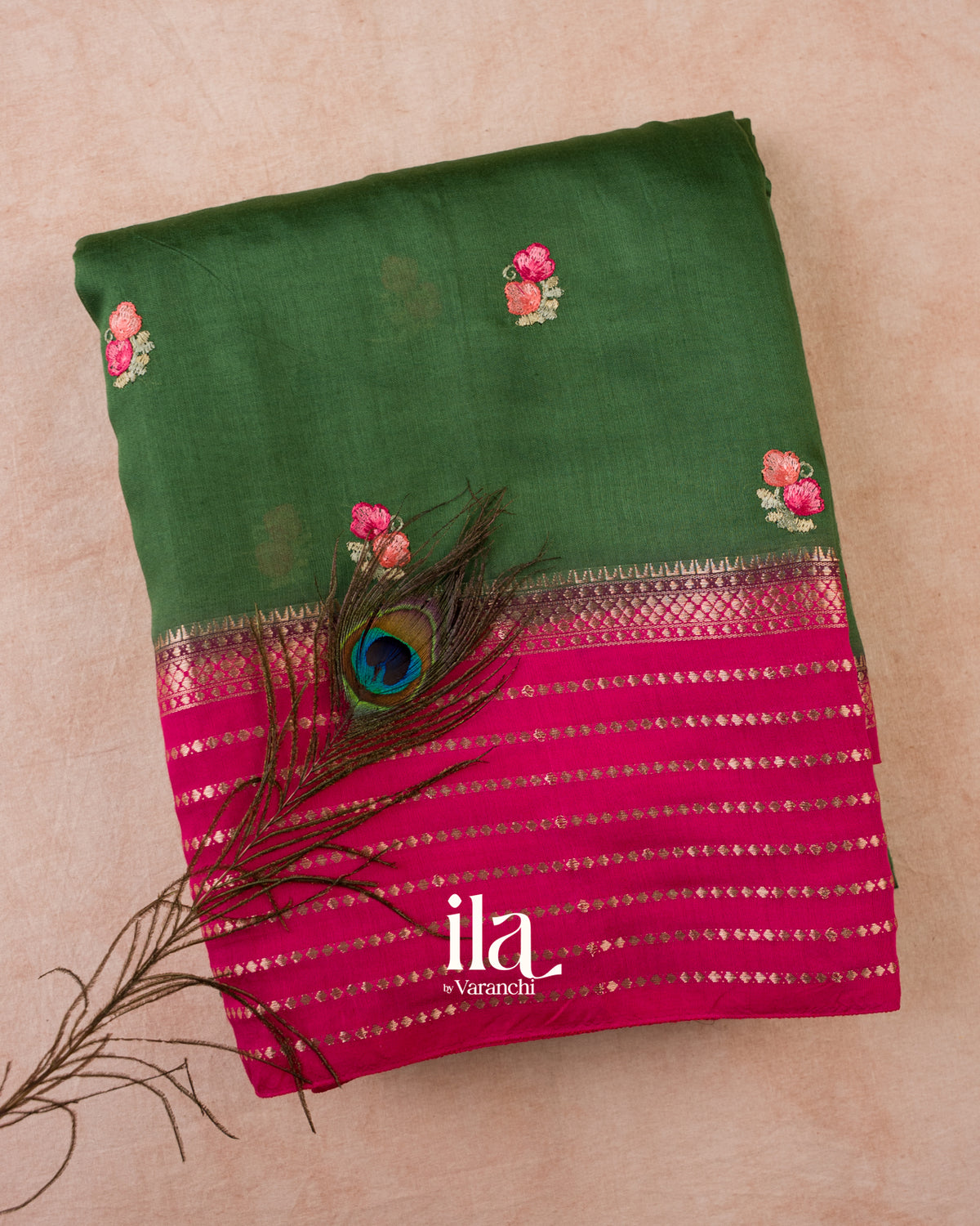 Bottle Green Floral Embroidered Assam Silk Saree — Folded