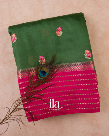 Bottle Green Floral Embroidered Assam Silk Saree — Folded