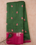 Bottle Green Floral Embroidered Assam Silk Saree — Full Saree