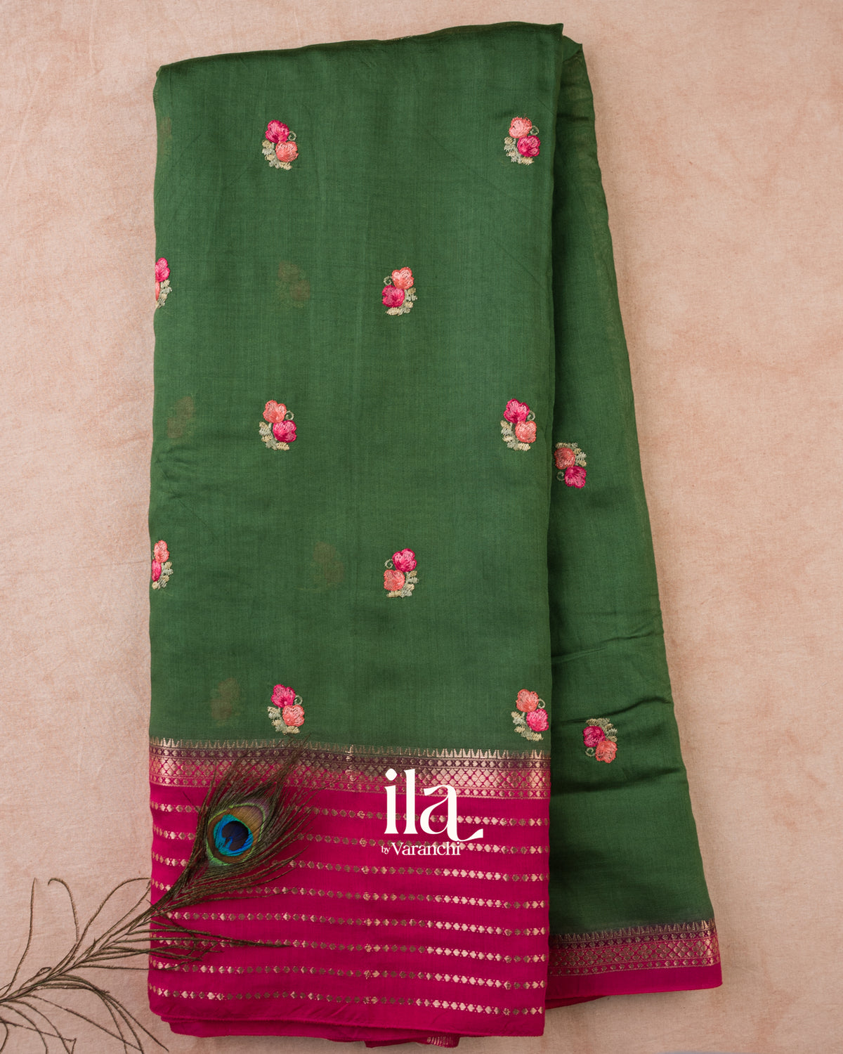 Bottle Green Floral Embroidered Assam Silk Saree — Full Saree