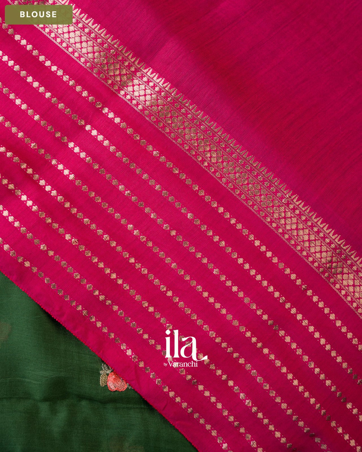 Bottle Green Floral Embroidered Assam Silk Saree — Blouse
