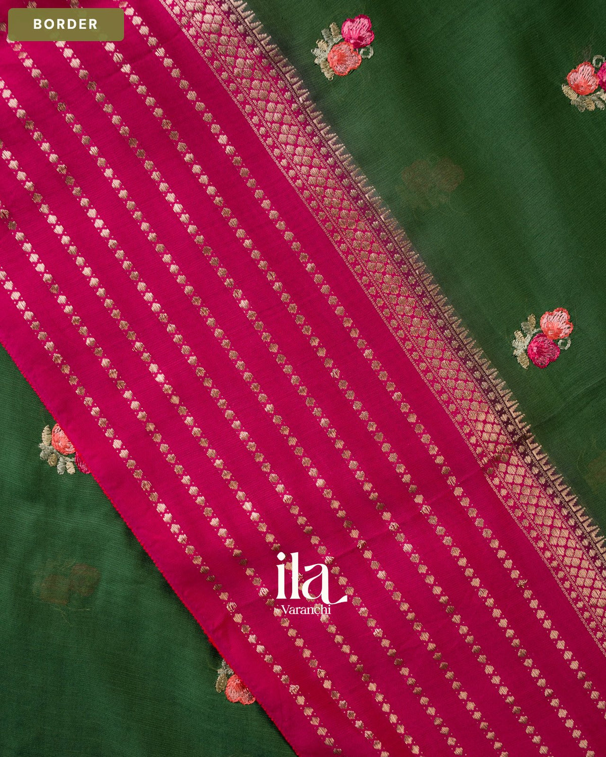 Bottle Green Floral Embroidered Assam Silk Saree — Border