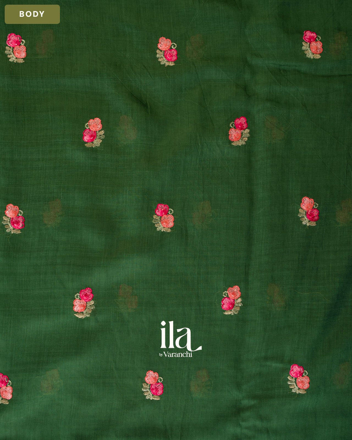 Bottle Green Floral Embroidered Assam Silk Saree — Body