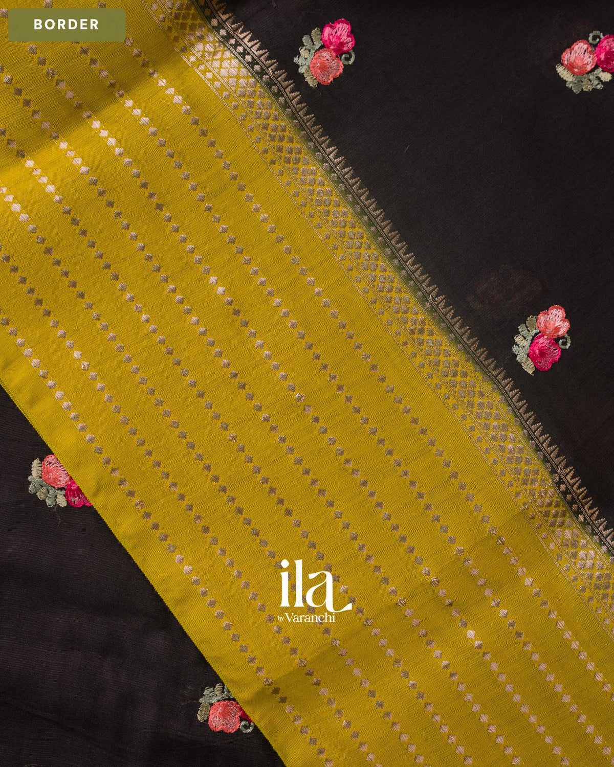 Jet Black Floral Embroidered Assam Silk Saree — Border