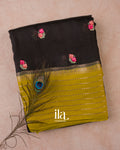 Jet Black Floral Embroidered Assam Silk Saree — Folded