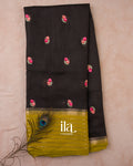 Jet Black Floral Embroidered Assam Silk Saree — Full Saree
