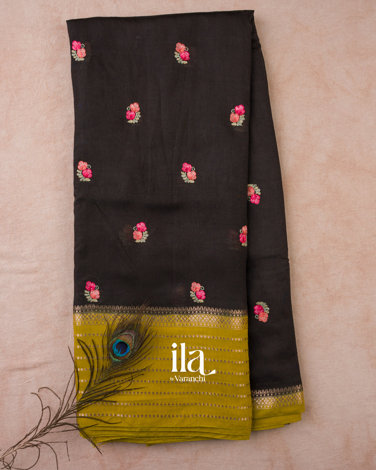 Jet Black Floral Embroidered Assam Silk Saree — Full Saree
