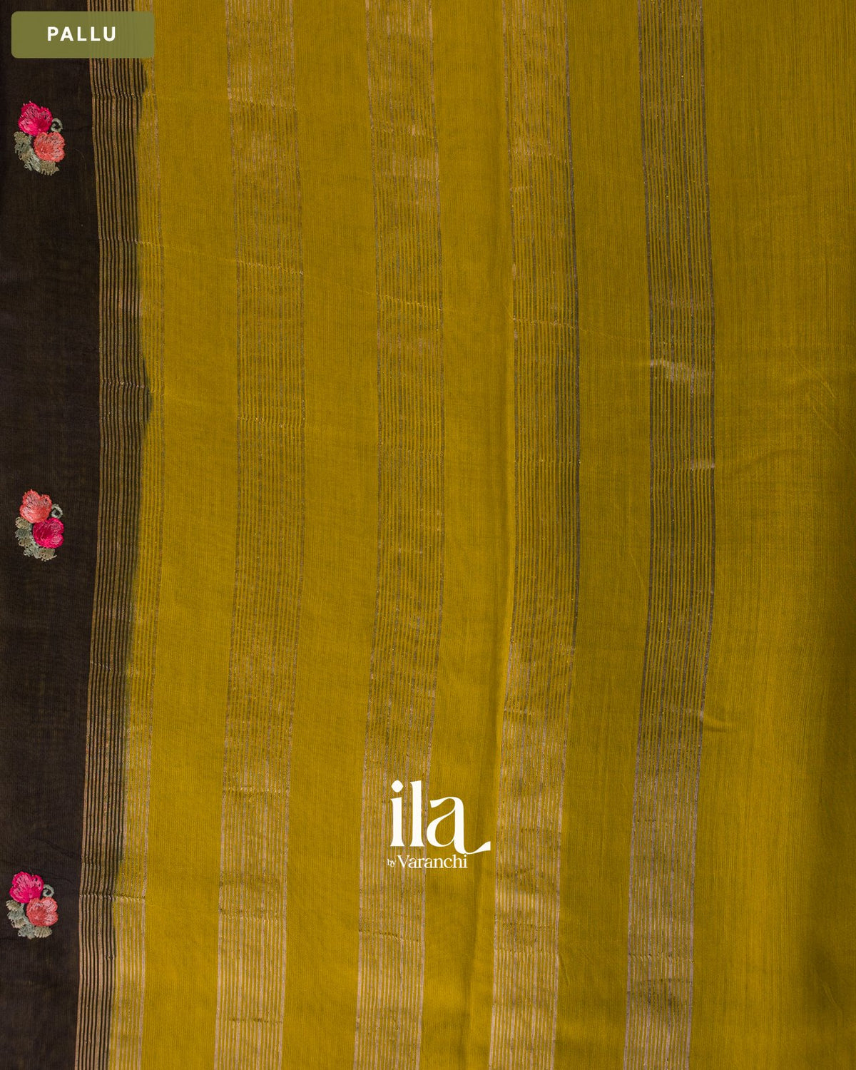 Jet Black Floral Embroidered Assam Silk Saree — Pallu