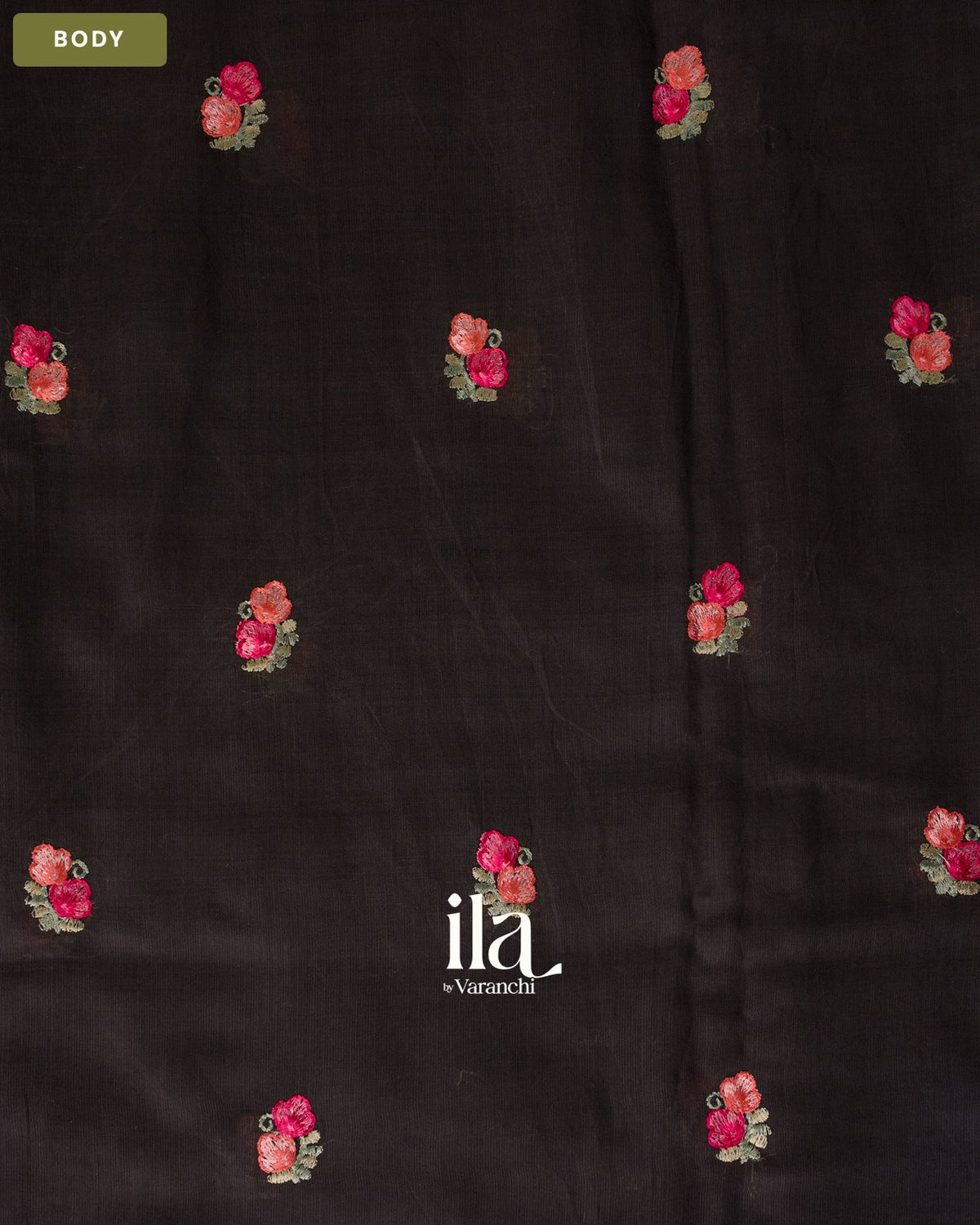 Jet Black Floral Embroidered Assam Silk Saree — Body