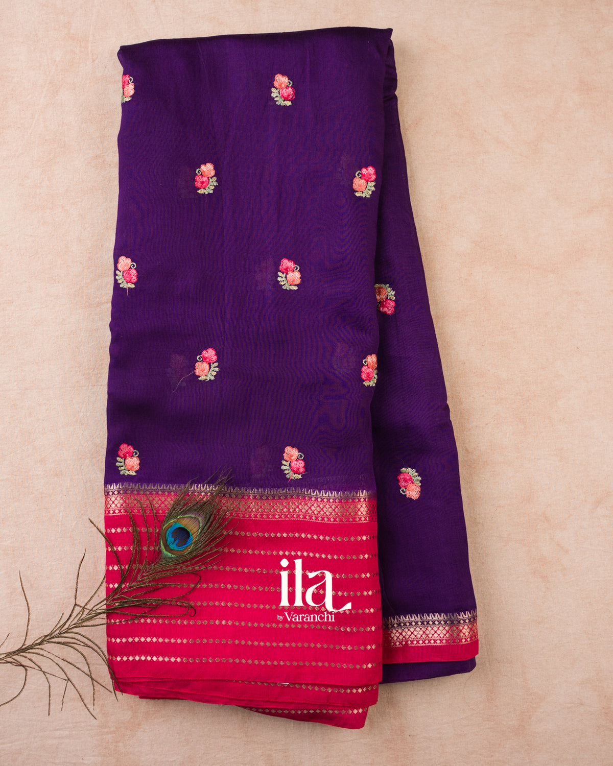 Deep Purple Floral Embroidered Assam Silk Saree — Full Saree