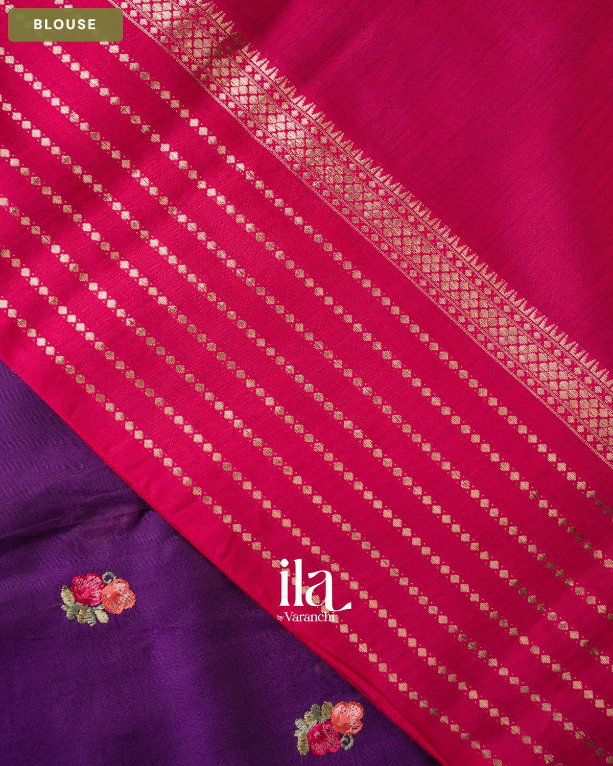 Deep Purple Floral Embroidered Assam Silk Saree — Blouse