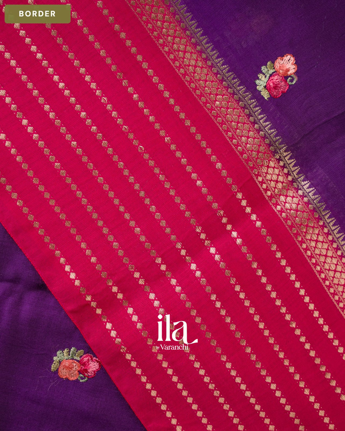 Deep Purple Floral Embroidered Assam Silk Saree — Border