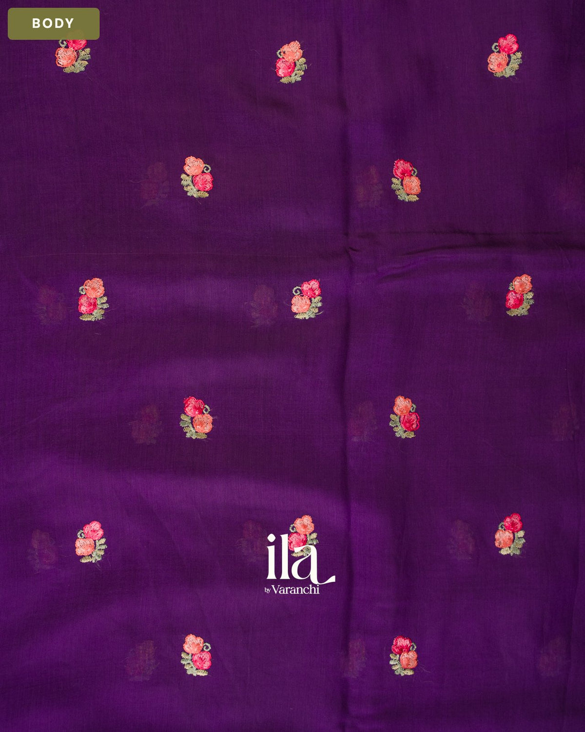 Deep Purple Floral Embroidered Assam Silk Saree — Body