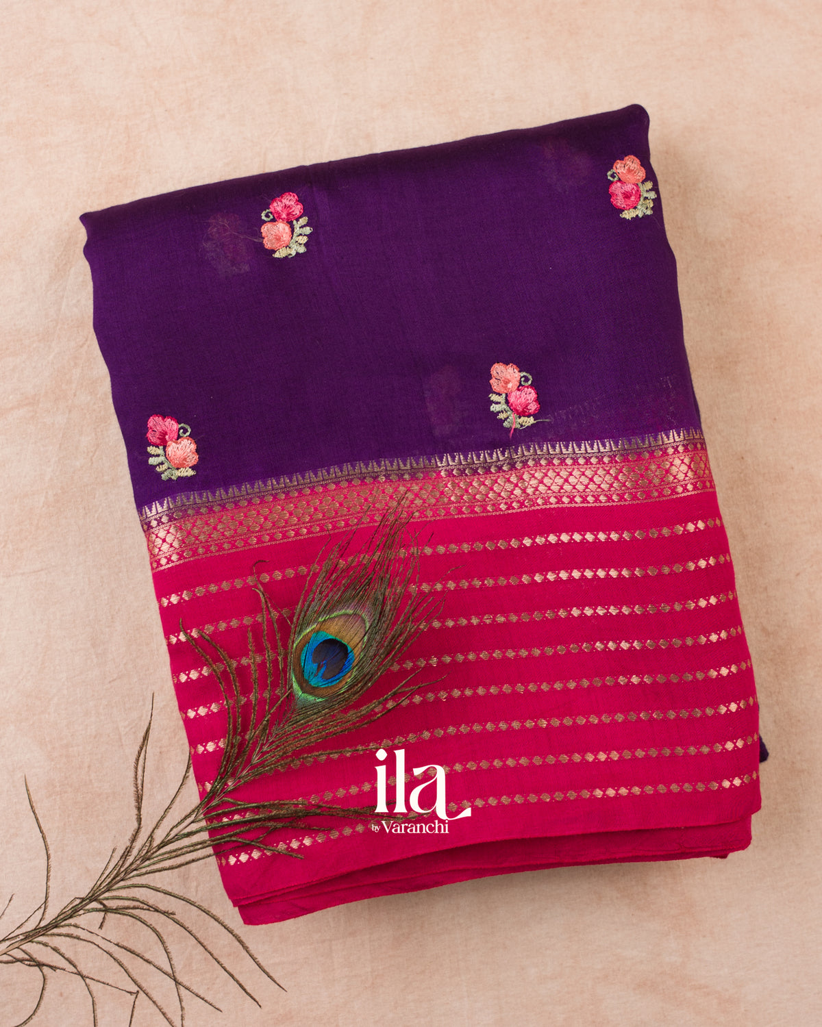 Deep Purple Floral Embroidered Assam Silk Saree — Folded