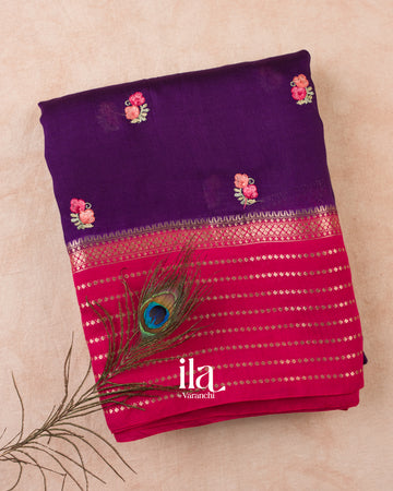 Deep Purple Floral Embroidered Assam Silk Saree — Folded