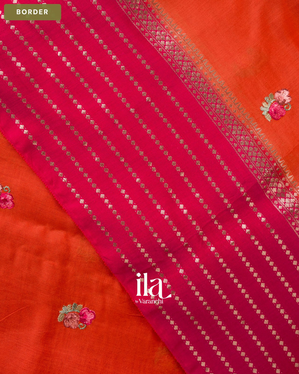 Orange Floral Embroidered Assam Silk Saree — Border