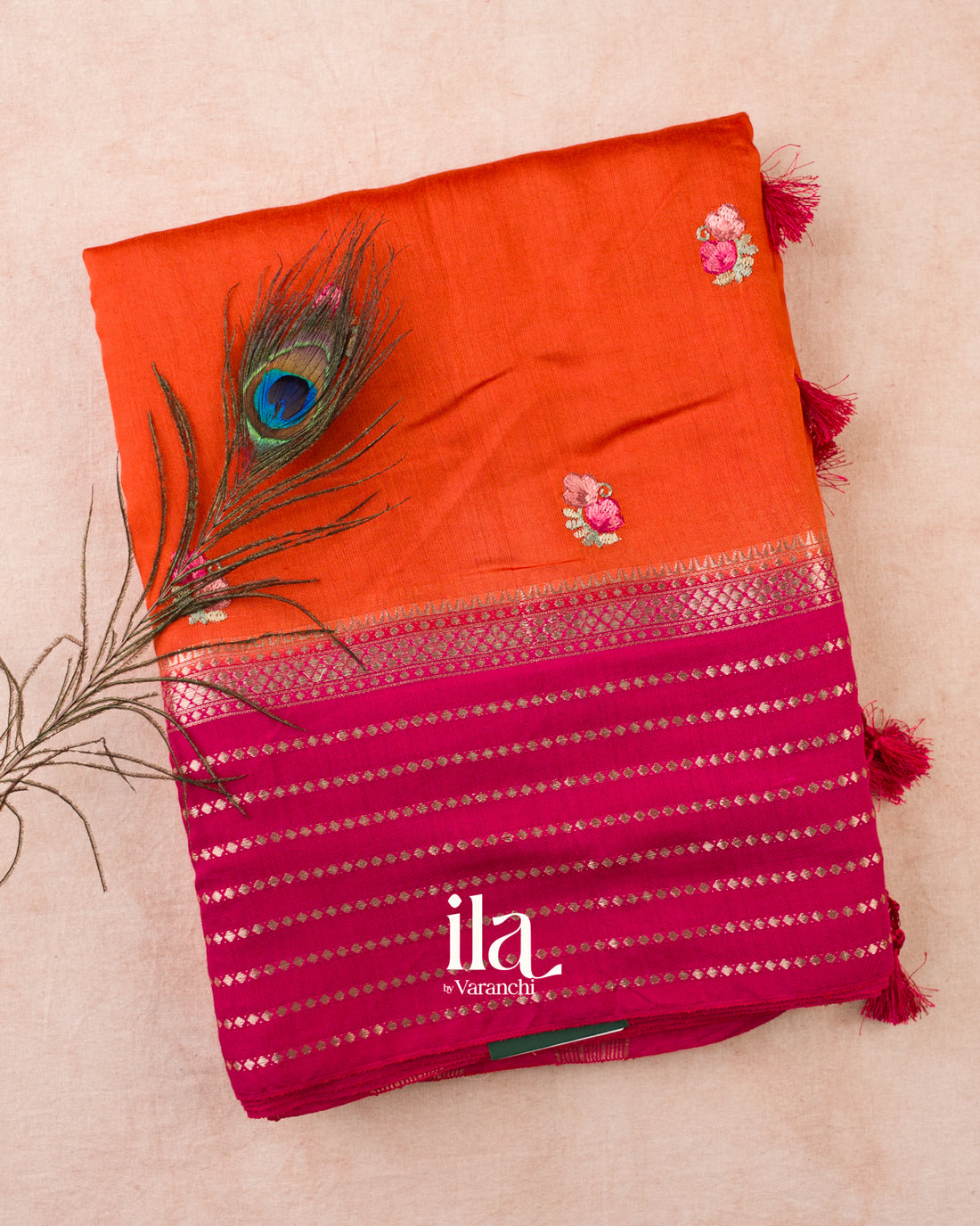 Orange Floral Embroidered Assam Silk Saree — Folded