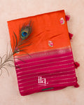 Orange Floral Embroidered Assam Silk Saree — Folded