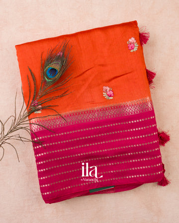 Orange Floral Embroidered Assam Silk Saree — Folded