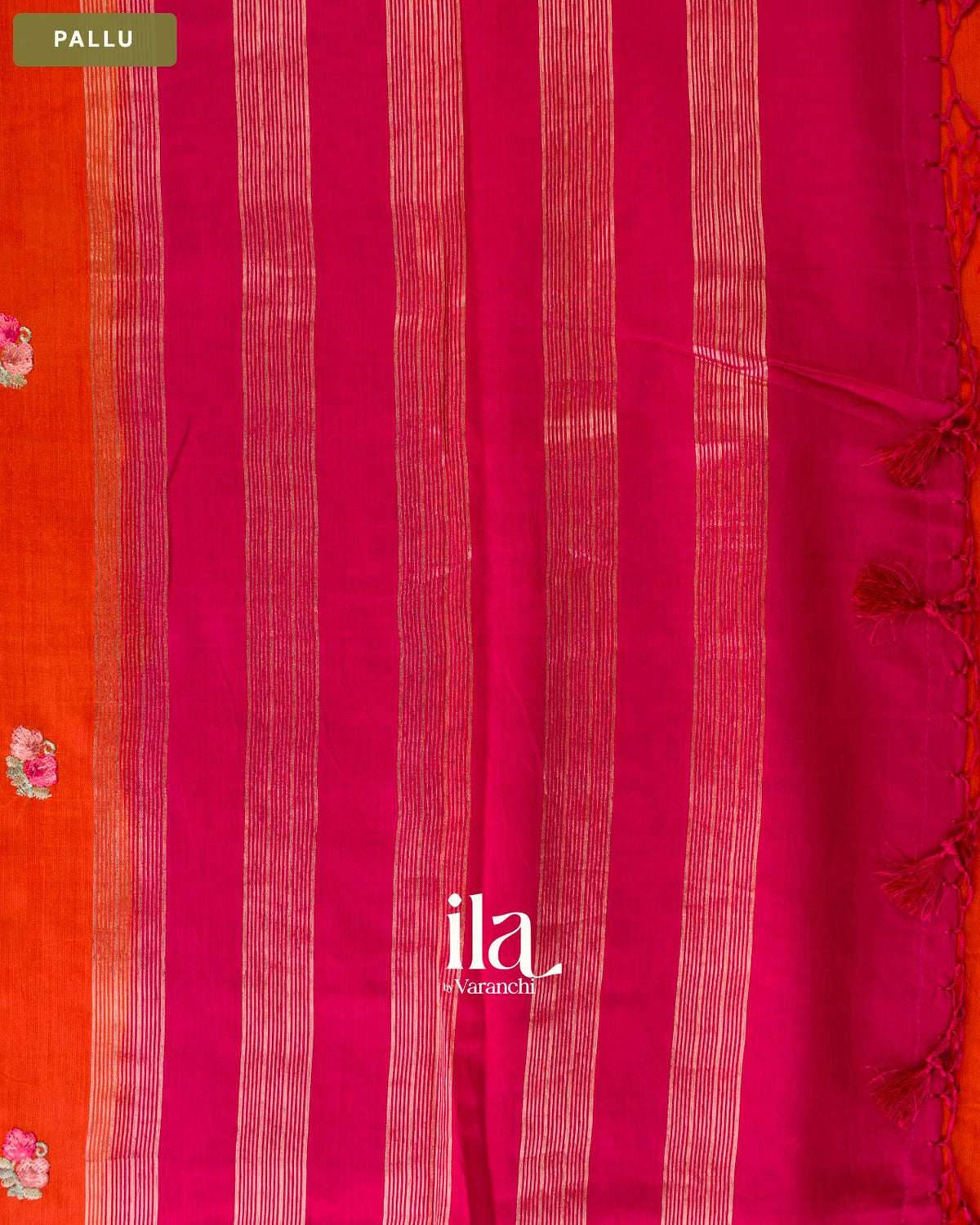 Orange Floral Embroidered Assam Silk Saree — Pallu
