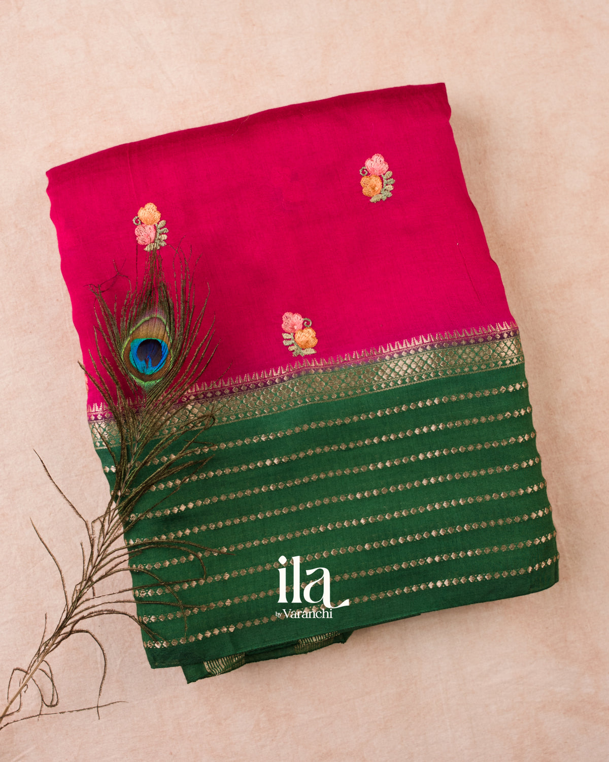 Deep Magenta Floral Embroidered Assam Silk Saree — Folded