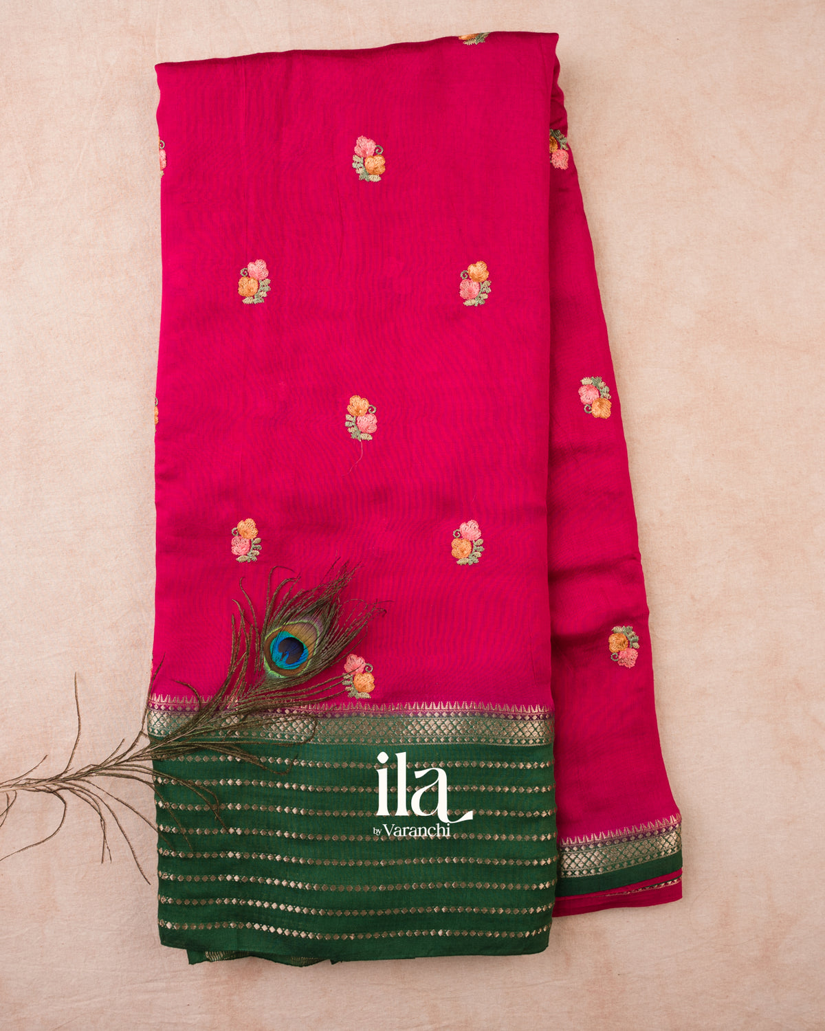 Deep Magenta Floral Embroidered Assam Silk Saree — Full Saree