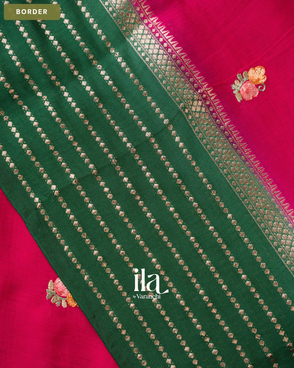 Deep Magenta Floral Embroidered Assam Silk Saree — Border
