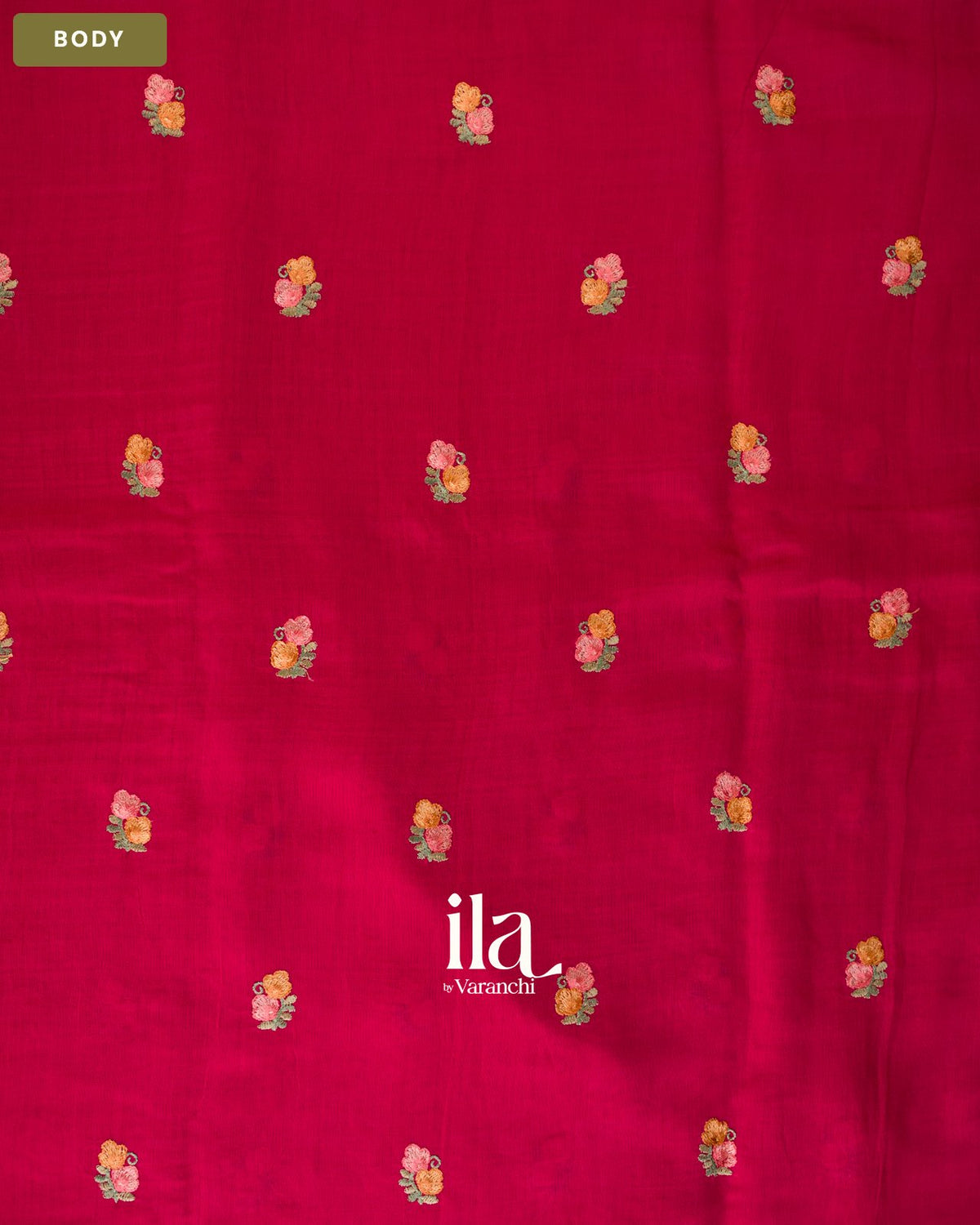 Deep Magenta Floral Embroidered Assam Silk Saree — Body