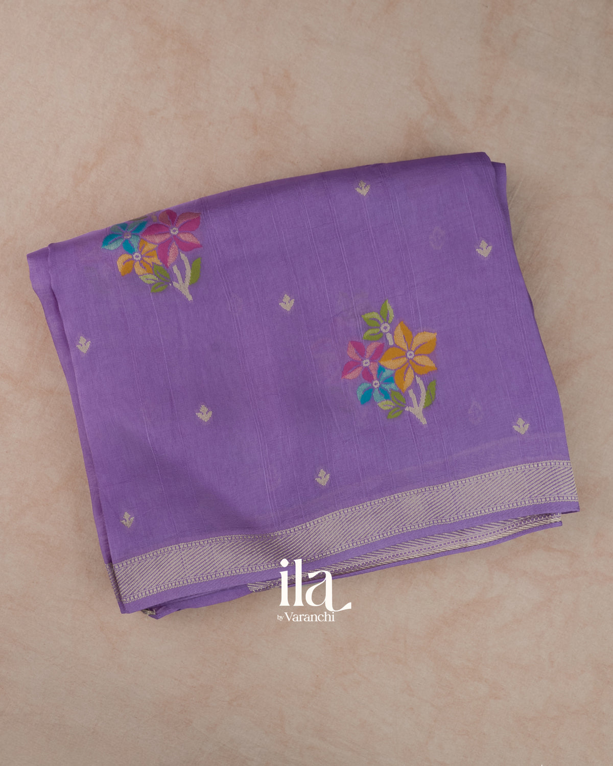 Purple Floral Semi Tussar Saree — Folded
