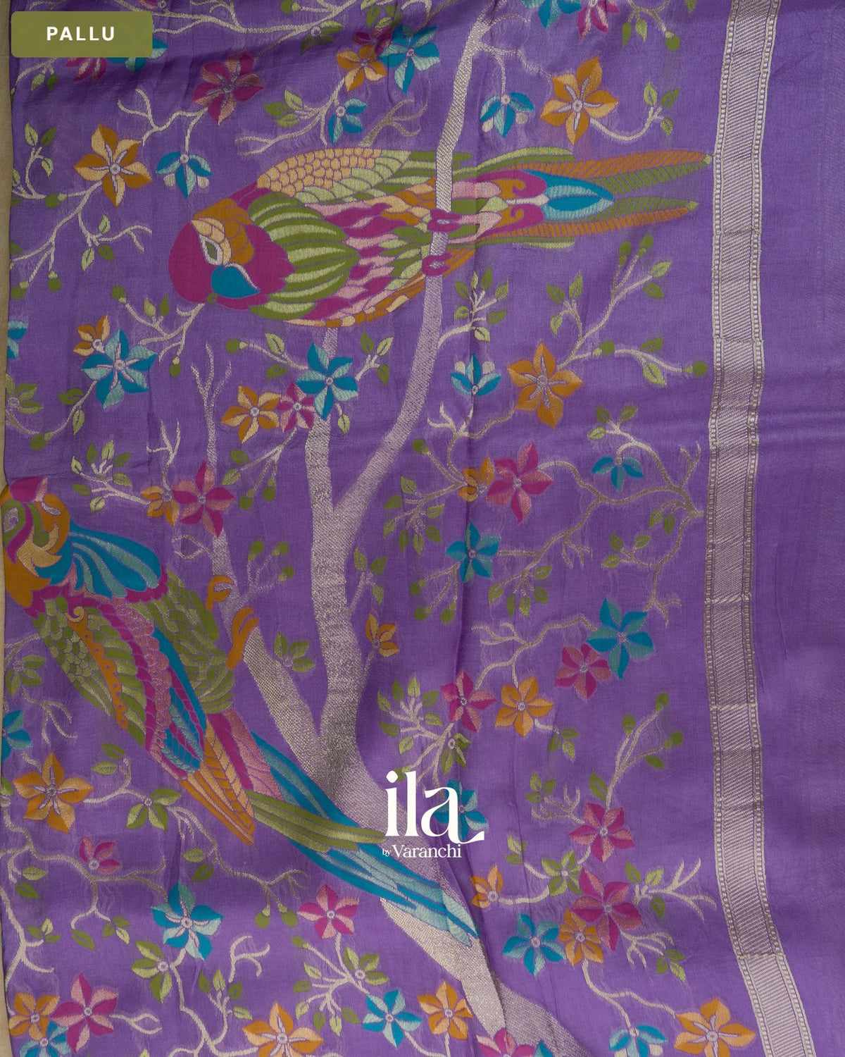 Purple Floral Semi Tussar Saree — Pallu