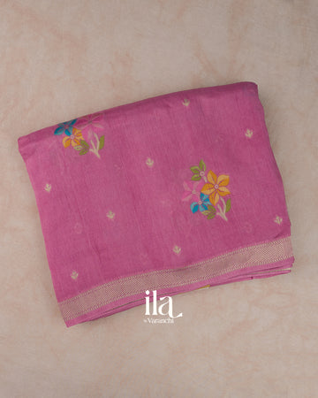 Pink Magenta Floral Embroidered Semi Tussar Saree — Folded