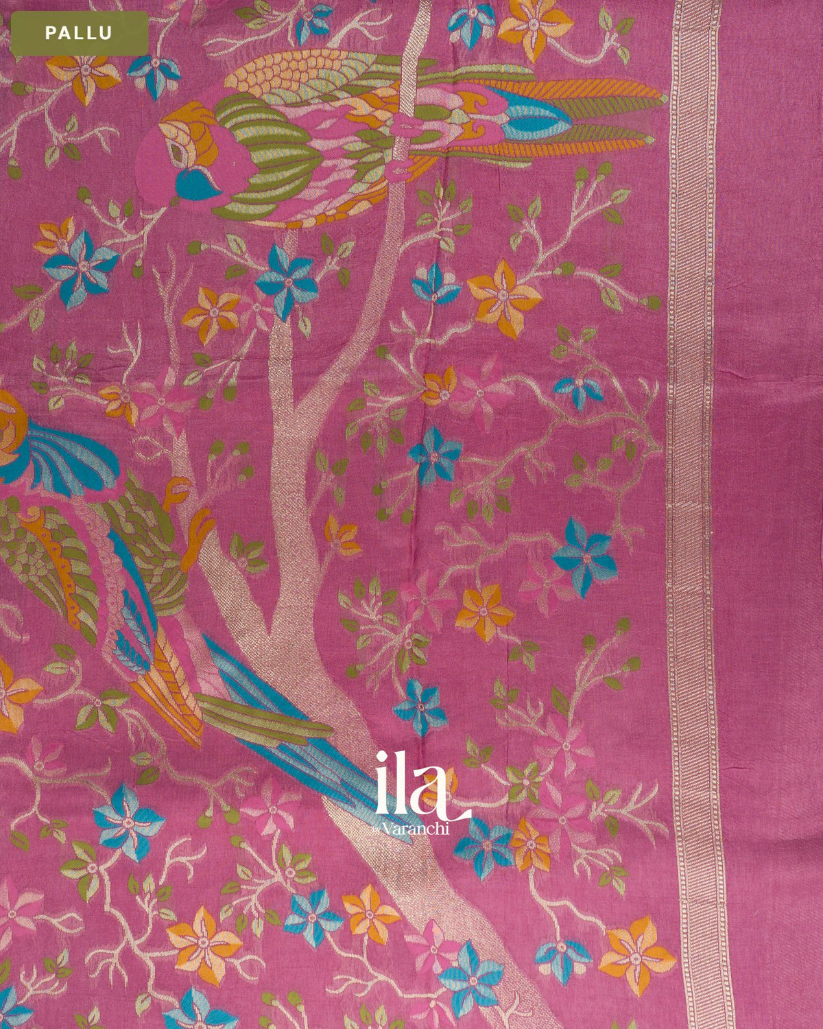 Pink Magenta Floral Embroidered Semi Tussar Saree — Pallu