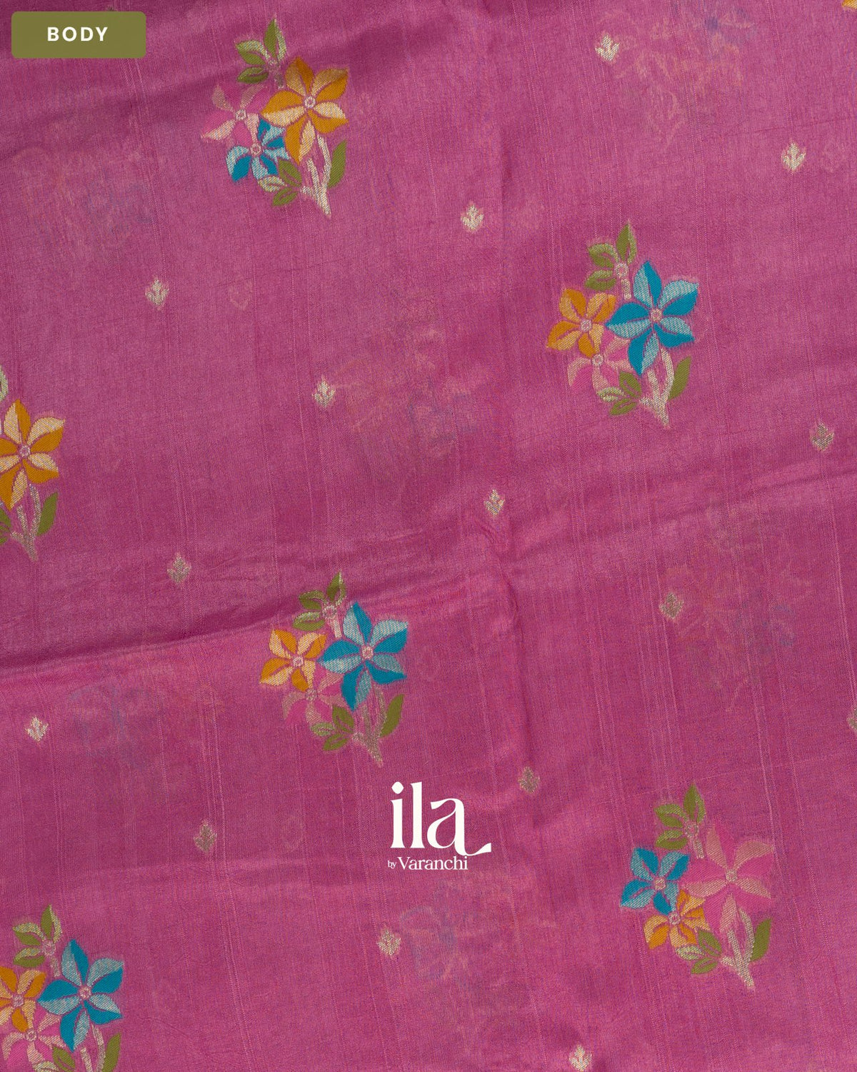 Pink Magenta Floral Embroidered Semi Tussar Saree — Body
