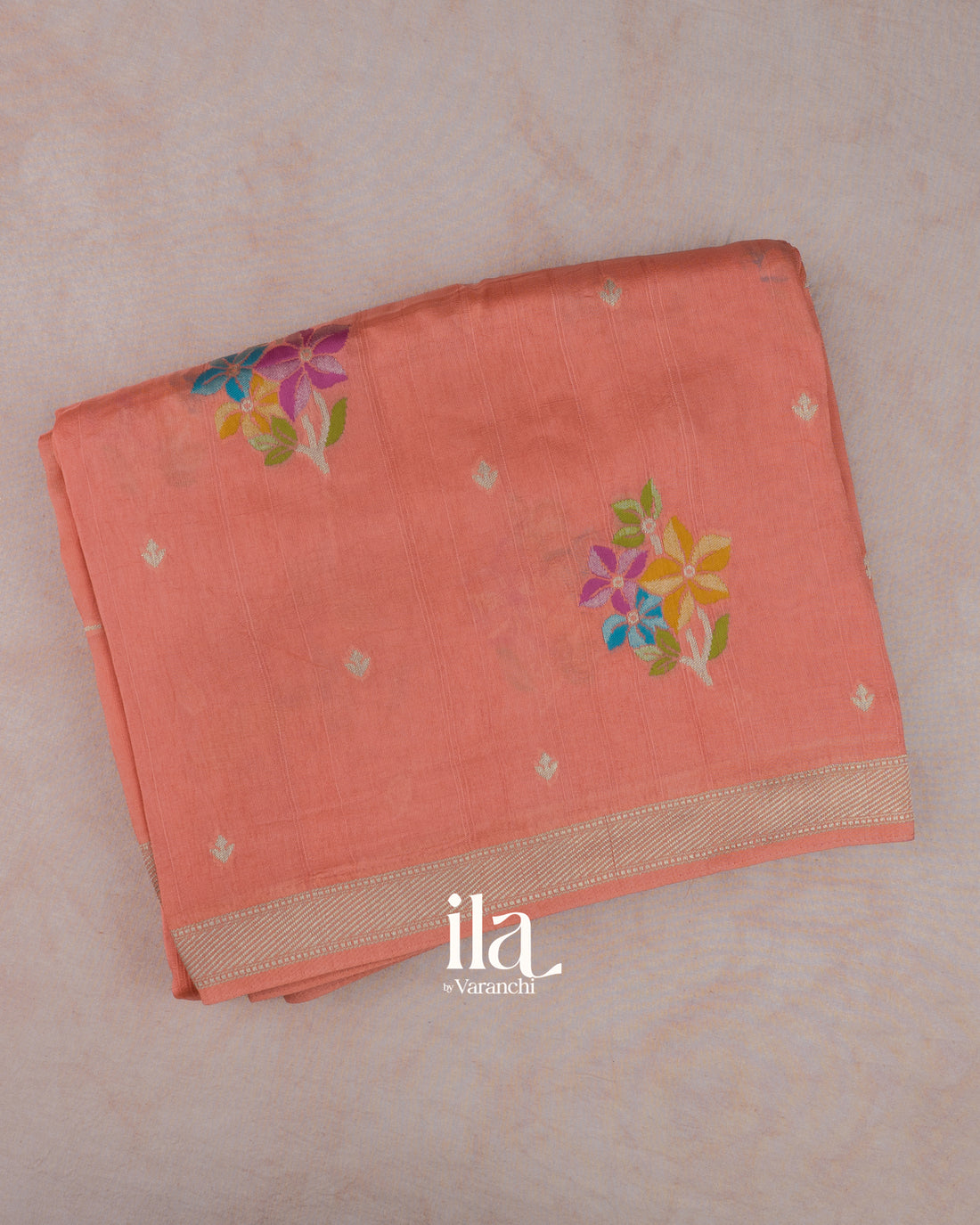 Coral Peach Semi Tussar Saree — Folded