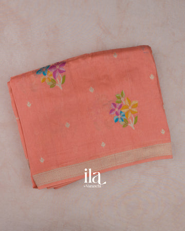 Coral Peach Semi Tussar Saree — Folded
