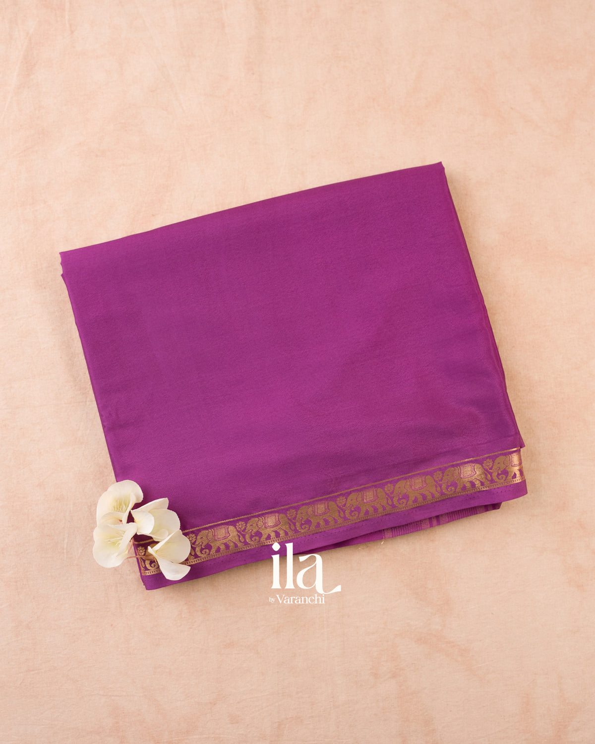 Magenta Purple Semi Mysore Crepe Saree — Folded