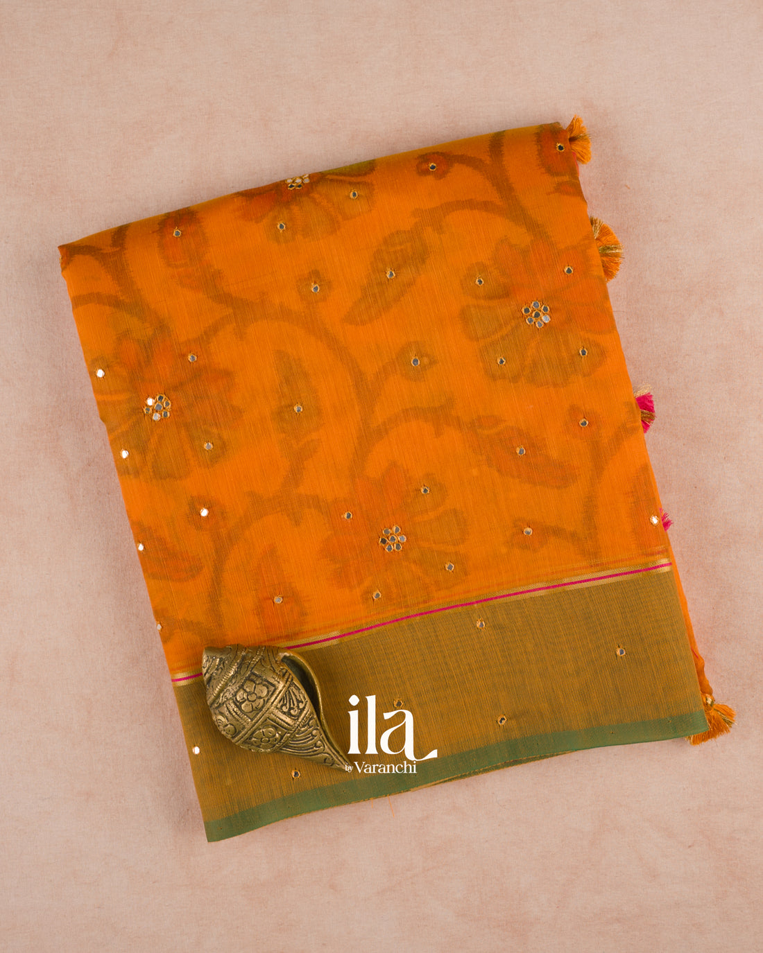 Mango Yellow Mirror Embroidered Semi Chanderi Saree — Folded