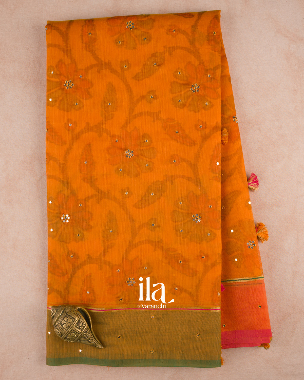 Mango Yellow Mirror Embroidered Semi Chanderi Saree — Full Saree