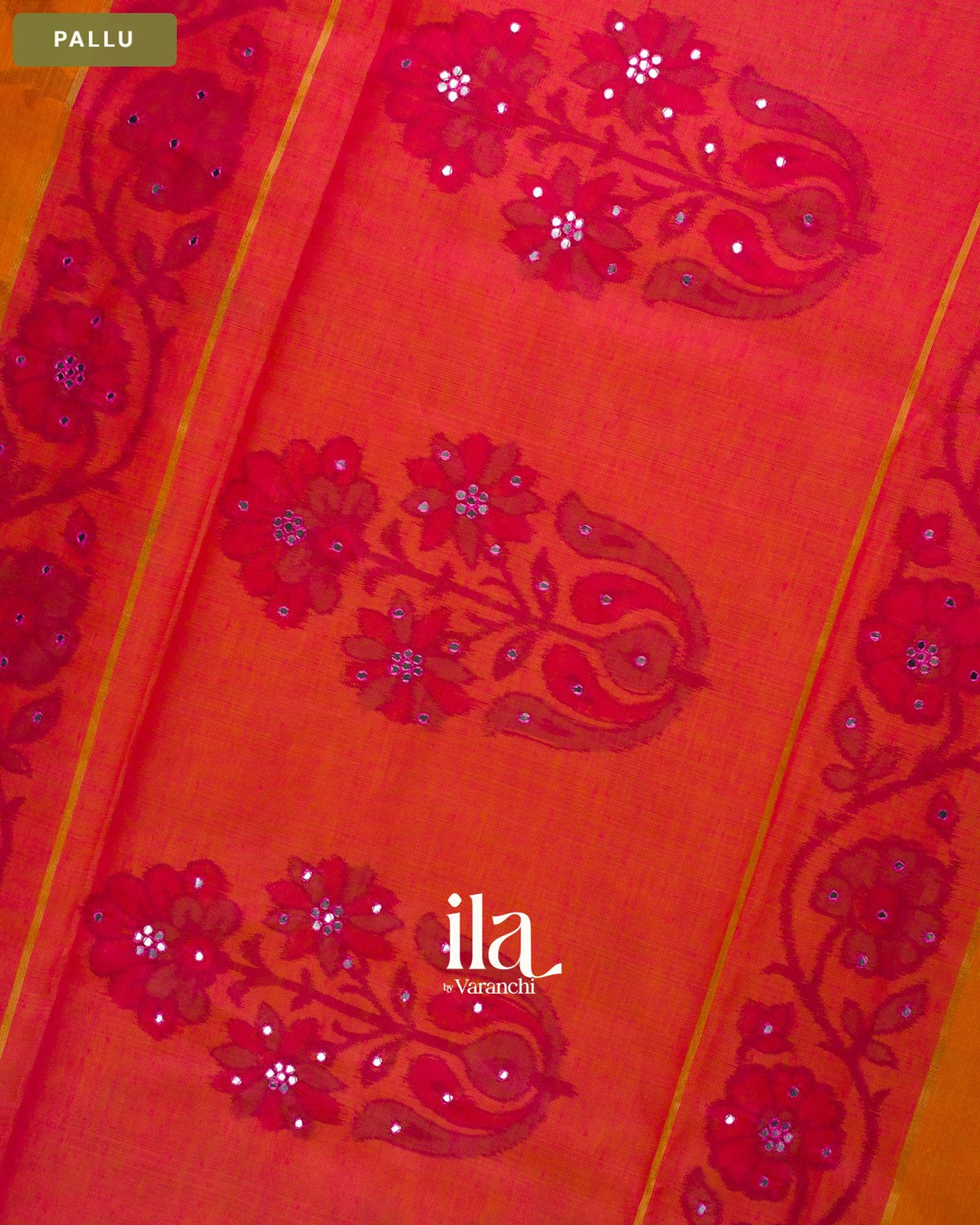 Mango Yellow Mirror Embroidered Semi Chanderi Saree — Pallu