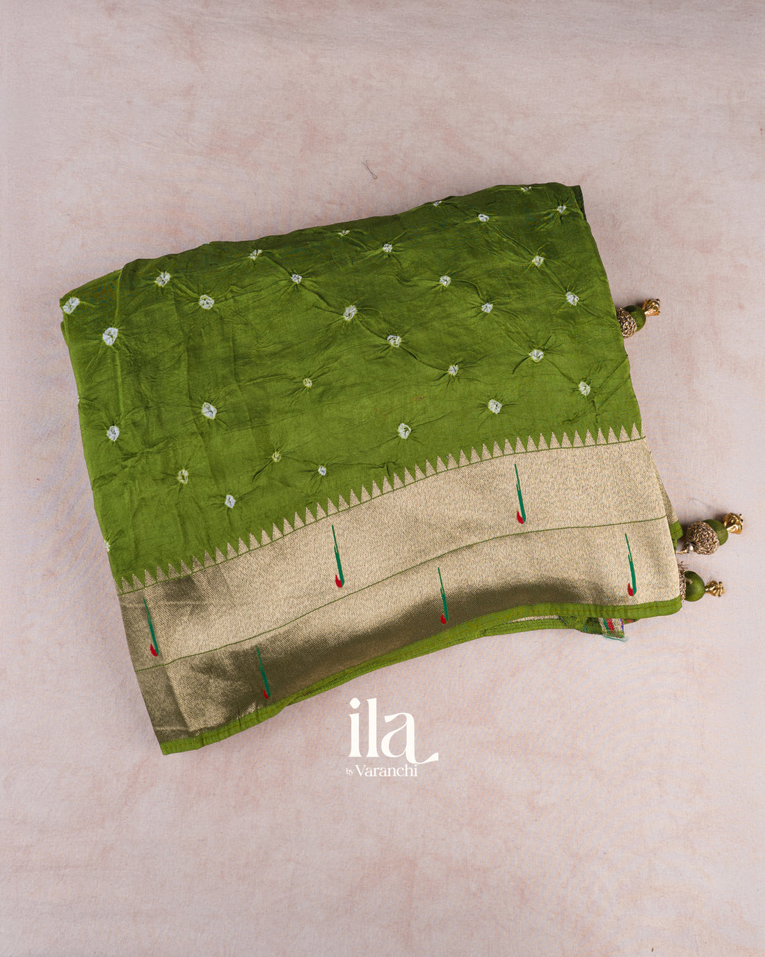 Mehandi Green Bandhani Semi Silk Saree — Folded