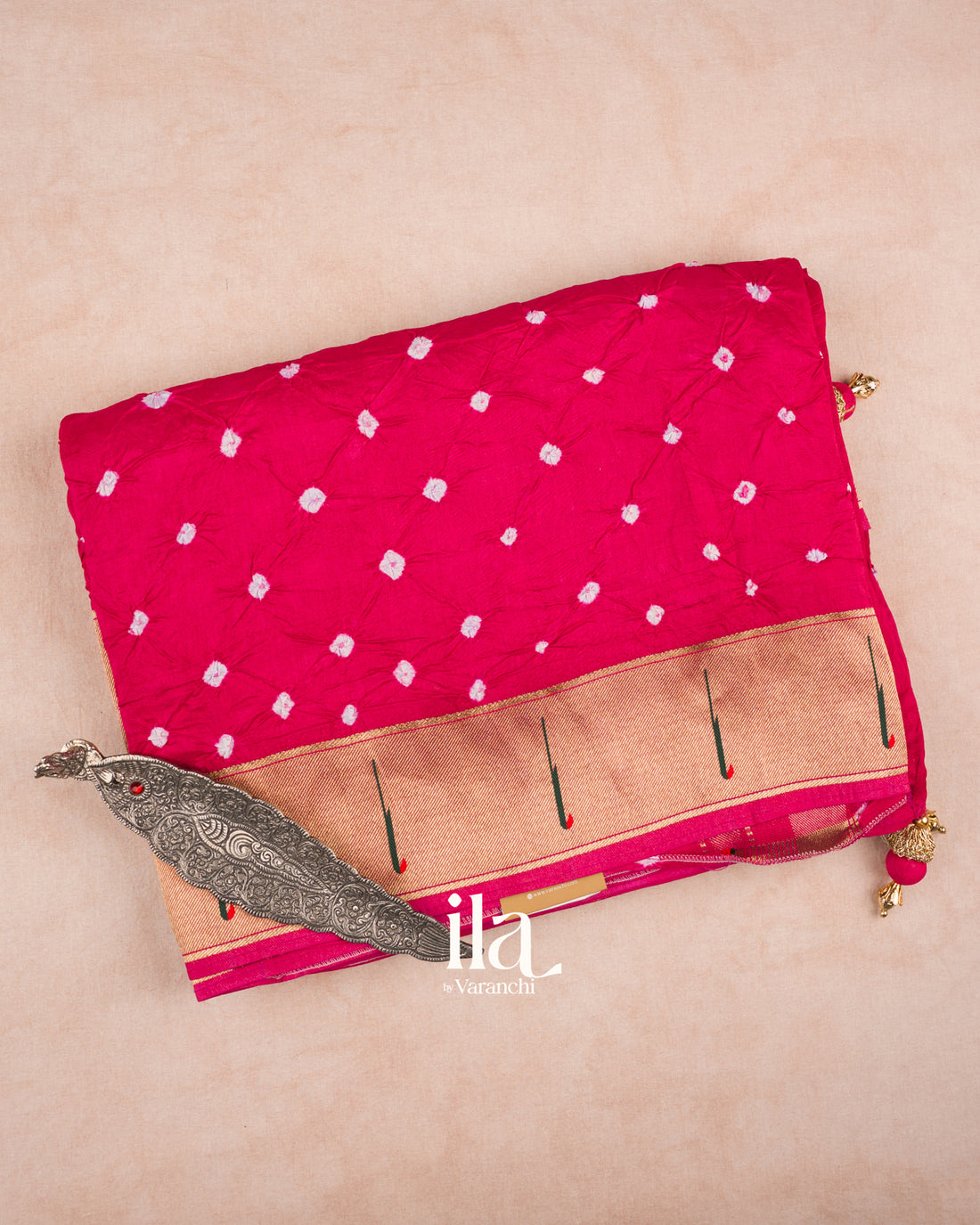 Deep Pink Bandhani Semi Silk Saree — Folded